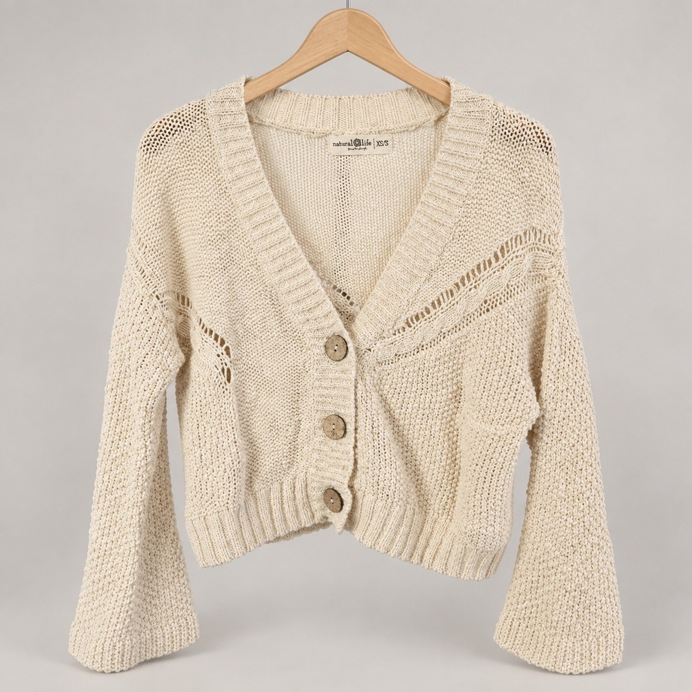 Natural Life Cream Chunky Knit Cropped Cardigan Bell Sleeve Boho XS/S